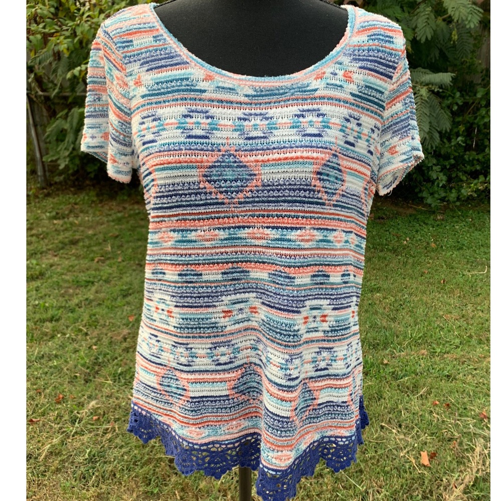 Boho Crochet Knit Top Multicolor Geometric Pattern Scoop Neck Short Sleeve L